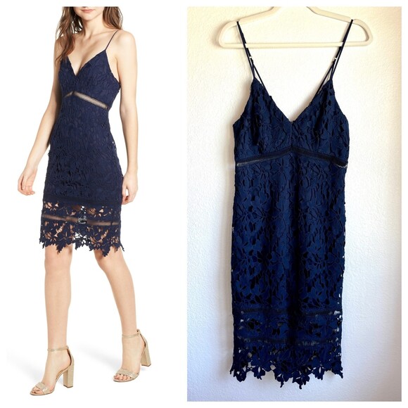 ASTR The Label Floral Lace Skinny Strap Knee Length Sheath Dress in Navy Size M - Picture 1 of 11